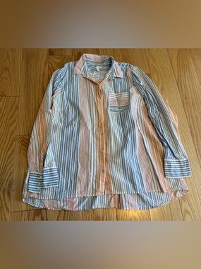 J Jill Casual Striped Button-Up Shirt - Blue, Pink & Orange - like new